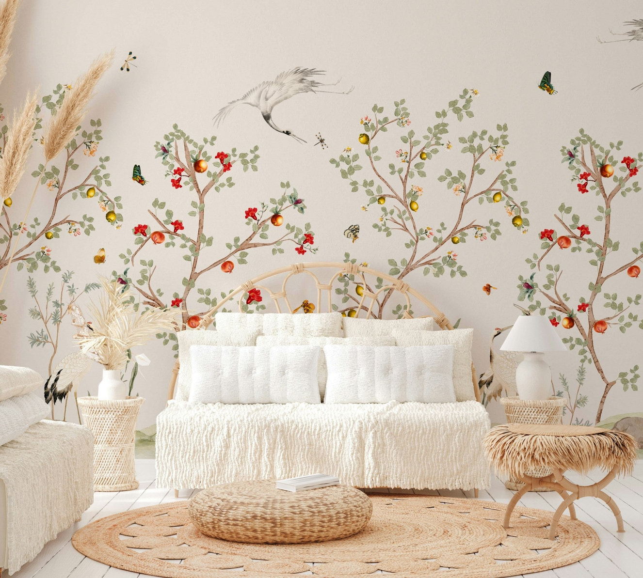 A beautiful living room with a Chinoiserie cranes wall mural.

