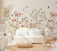 A beautiful living room with a Chinoiserie cranes wall mural.

