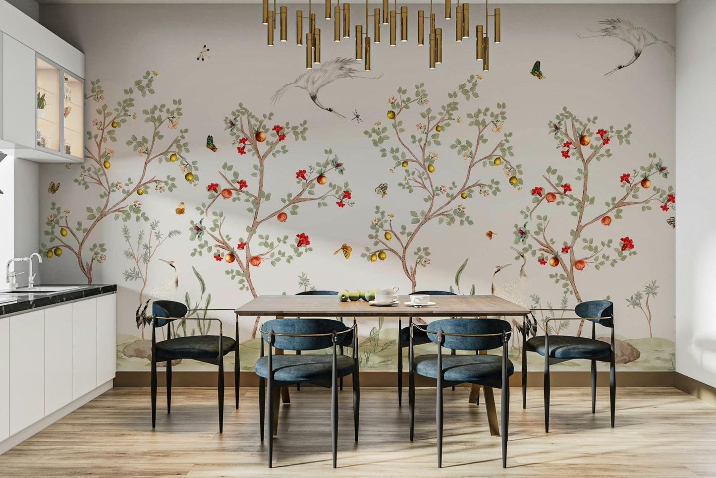 The wallpaper is used to create a feature wall in a dining room.

