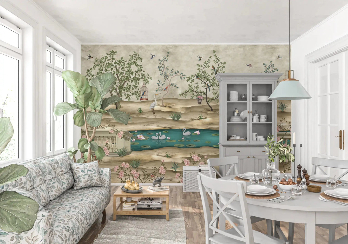 Birds wall mural with lotus leaves, swans, herons, and soft greenery, GD9008