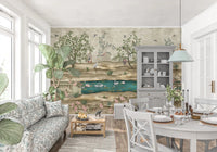 Birds wall mural with lotus leaves, swans, herons, and soft greenery, GD9008