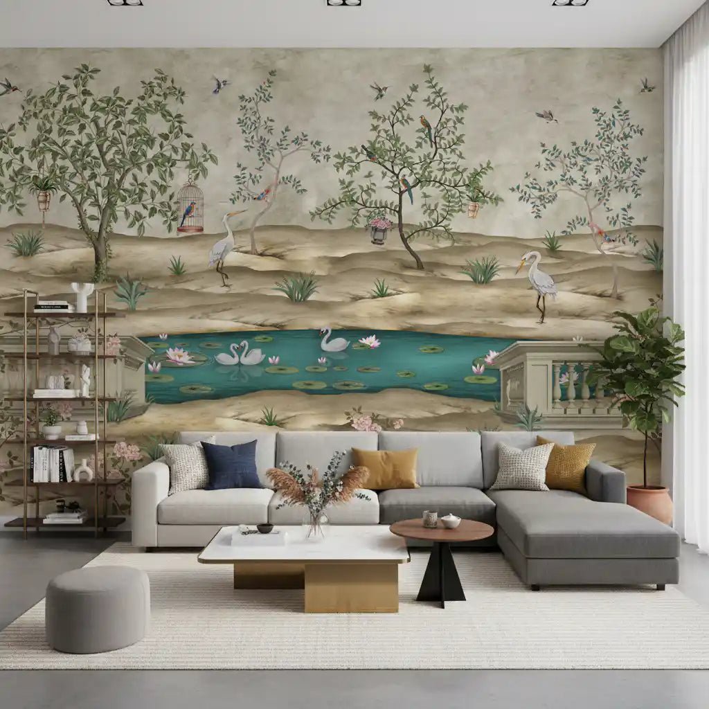 Heron wall mural with beige landforms, birds, and garden water detail, GD9008