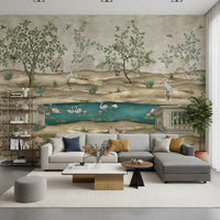 Heron wall mural with beige landforms, birds, and garden water detail, GD9008