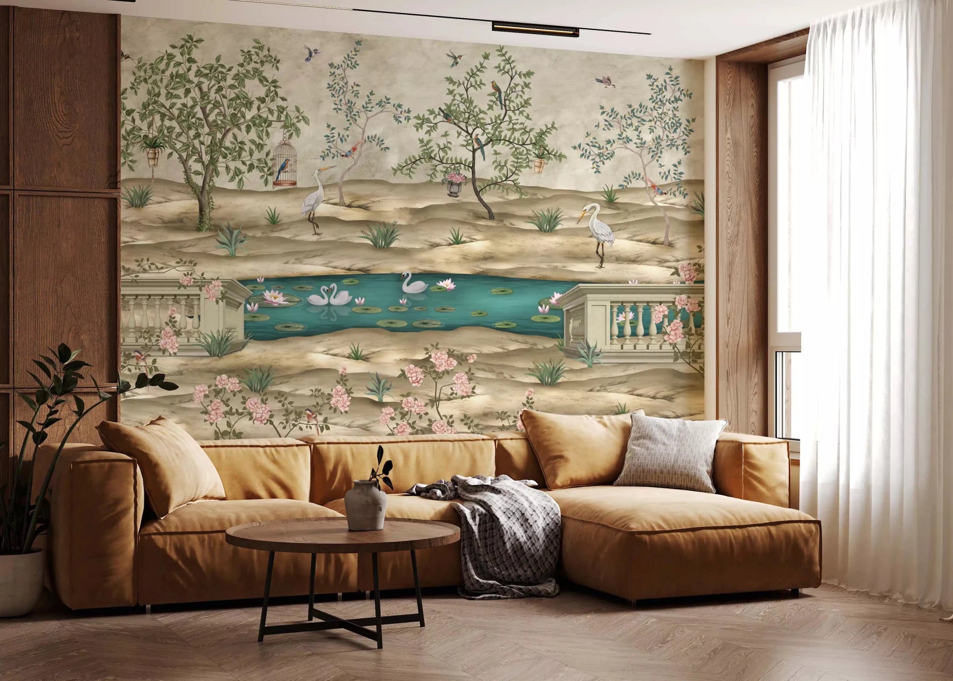Rose branches and leafy trees frame this Swan Pond wall mural scene, GD9008