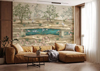 Rose branches and leafy trees frame this Swan Pond wall mural scene, GD9008