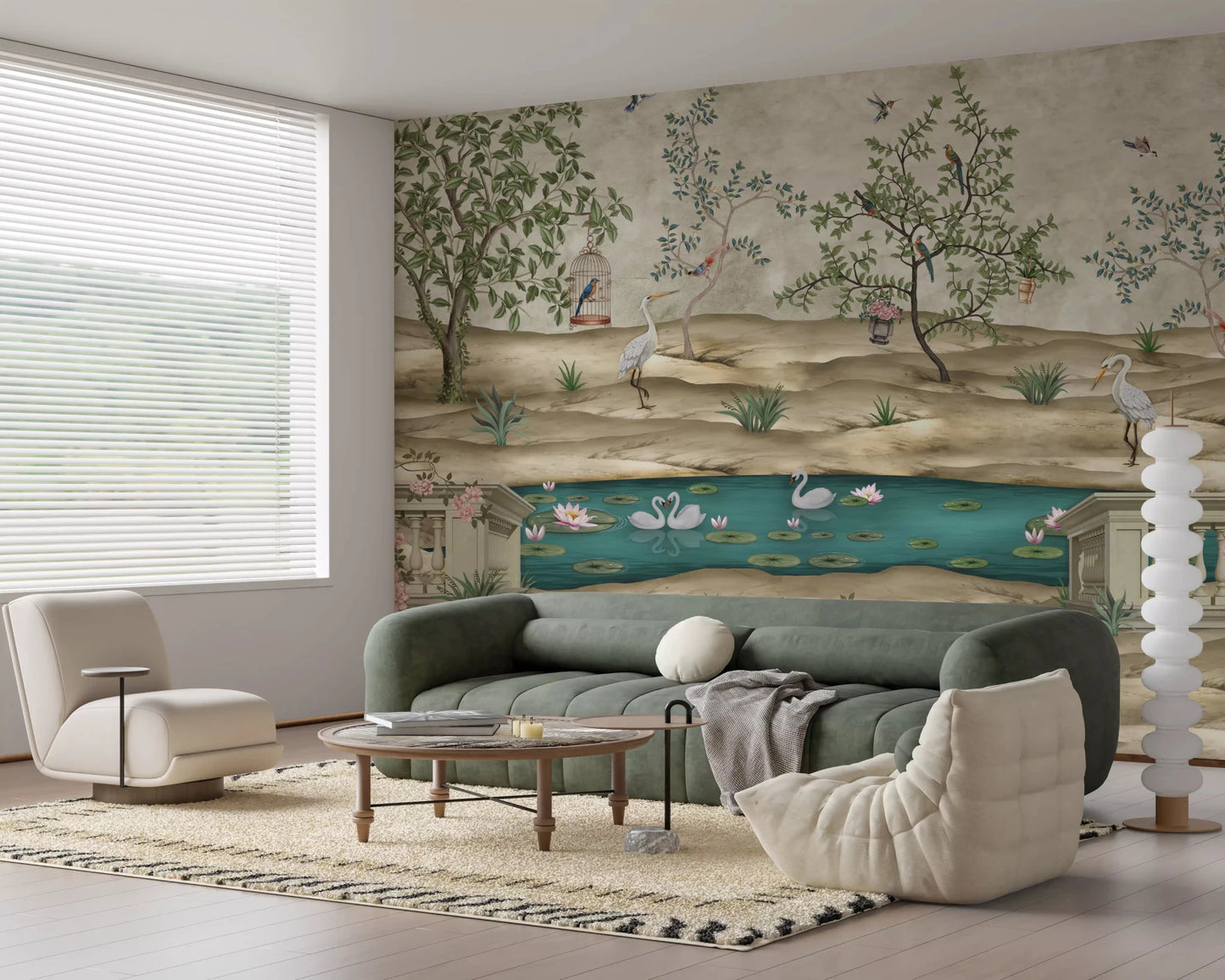 Living room setting with garden wall mural, swans, roses, and soft trees, GD9008