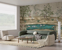 Living room setting with garden wall mural, swans, roses, and soft trees, GD9008
