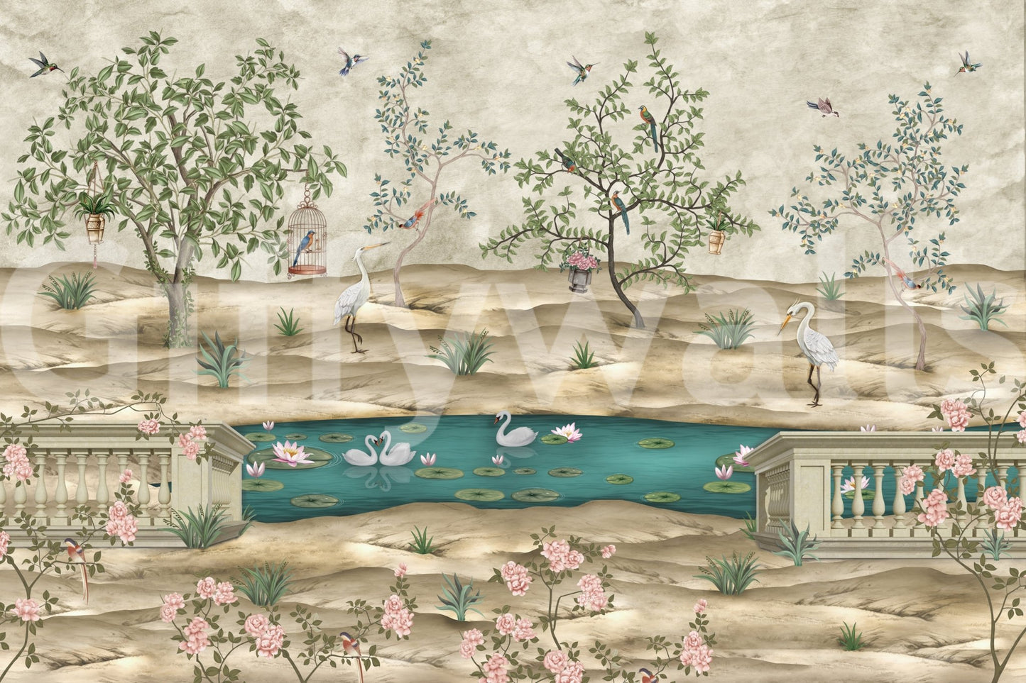 Floral wall mural with roses, swans, teal pond, and delicate branches, GD9008