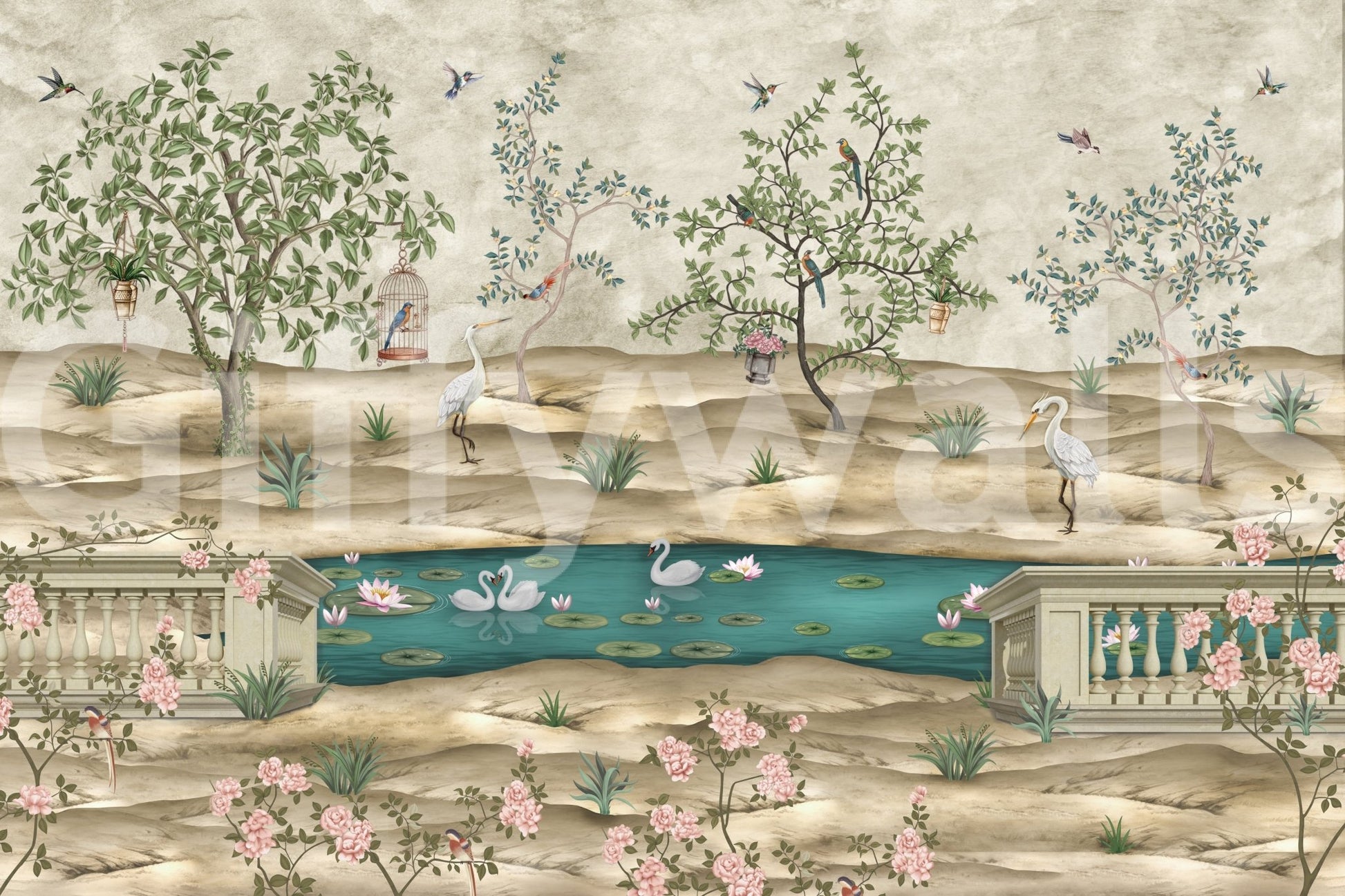 Floral wall mural with roses, swans, teal pond, and delicate branches, GD9008