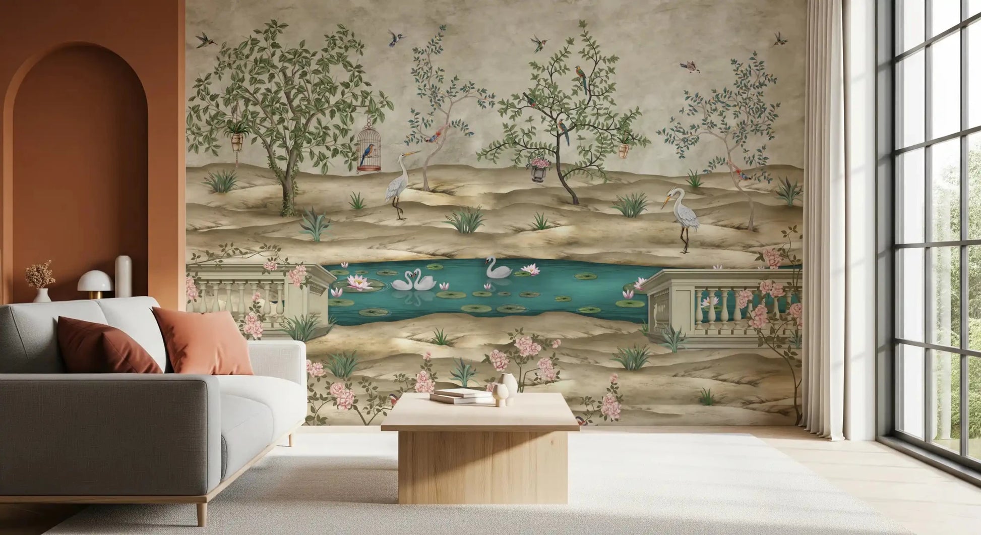 Hallway scene shows Chinoiserie wall mural with herons and lotus pond, GD9008