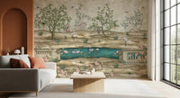 Hallway scene shows Chinoiserie wall mural with herons and lotus pond, GD9008
