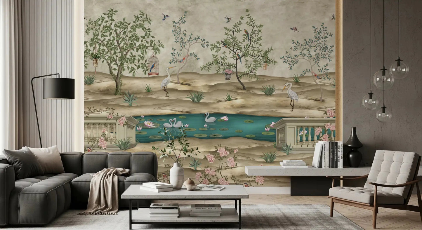 Stone balcony edges add structure to this garden pond wall mural, GD9008