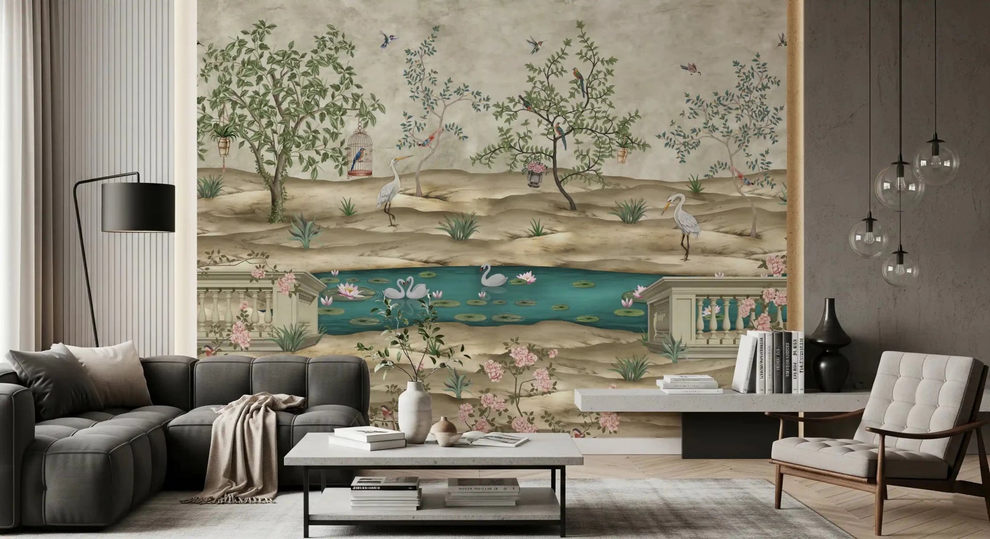 Stone balcony edges add structure to this garden pond wall mural, GD9008