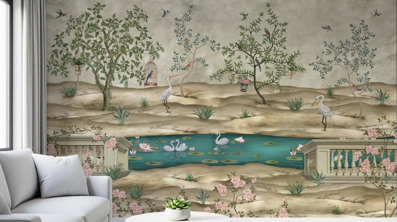 Hallway Chinoiserie Swan Pond Wall Mural with teal water and birds