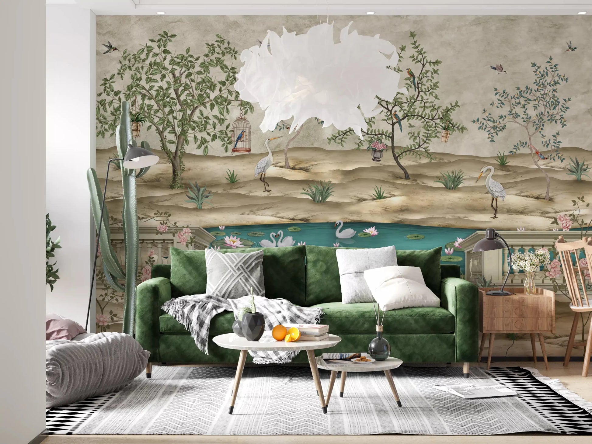 Small flying birds add movement to Chinoiserie Garden mural design, GD9008