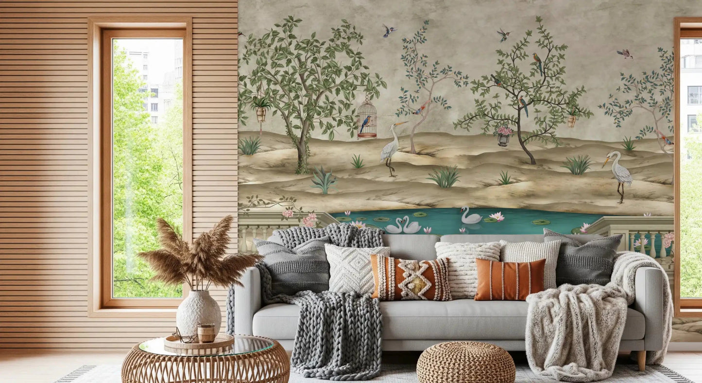 White swans float across teal water in Chinoiserie Garden artwork, GD9008