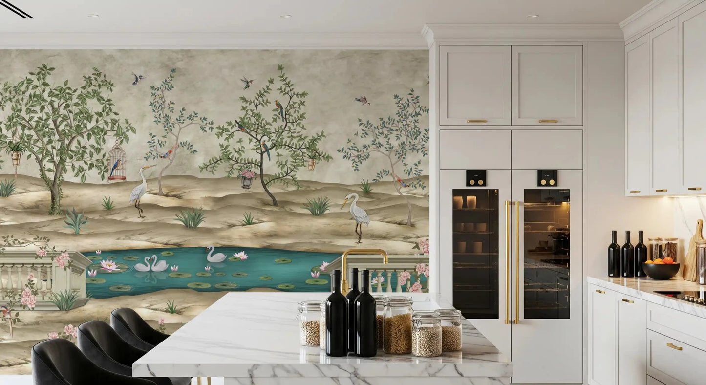 Dining room swan pond mural with floral branches and balcony details, GD9008