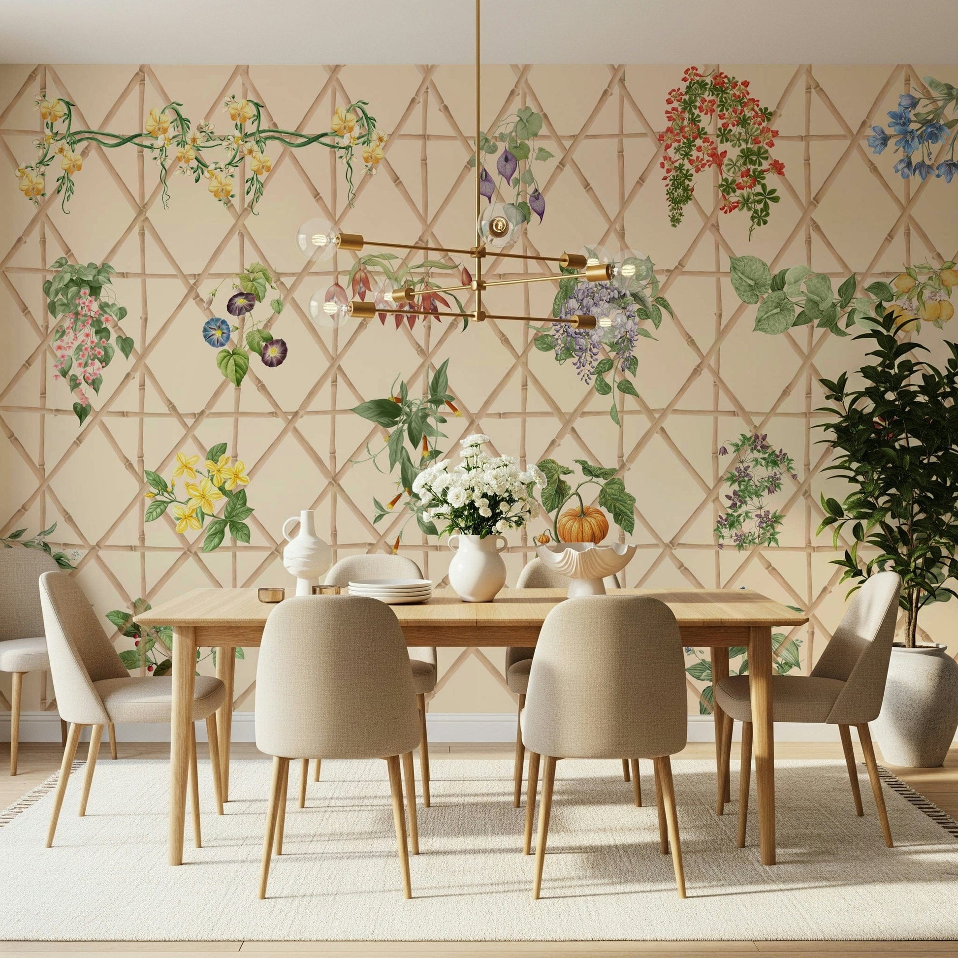 Dining area chinoiserie floral wallpaper with trees and birds full wall
