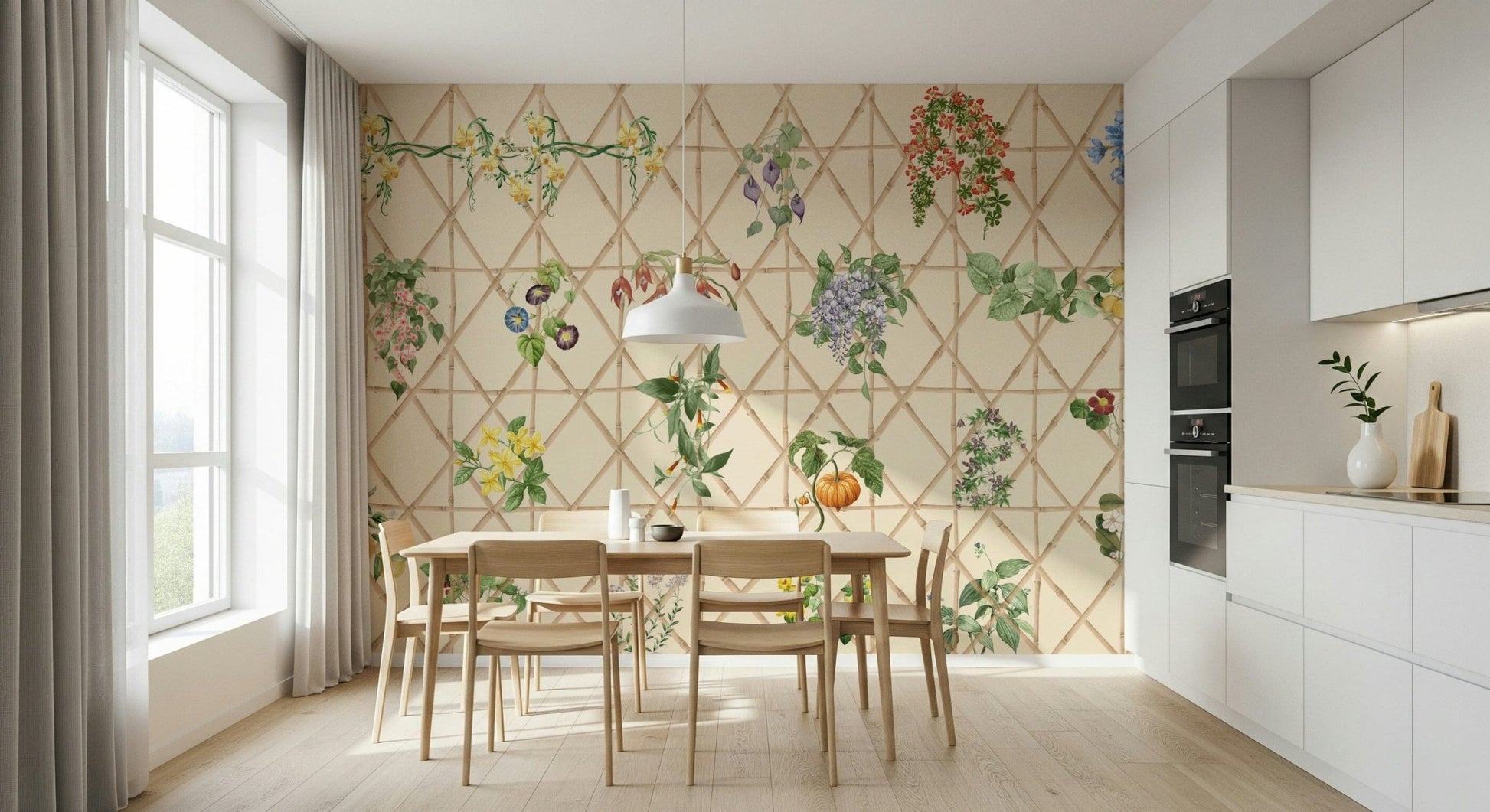 Lounge chinoiserie wallpaper with oriental garden pattern accent wall
