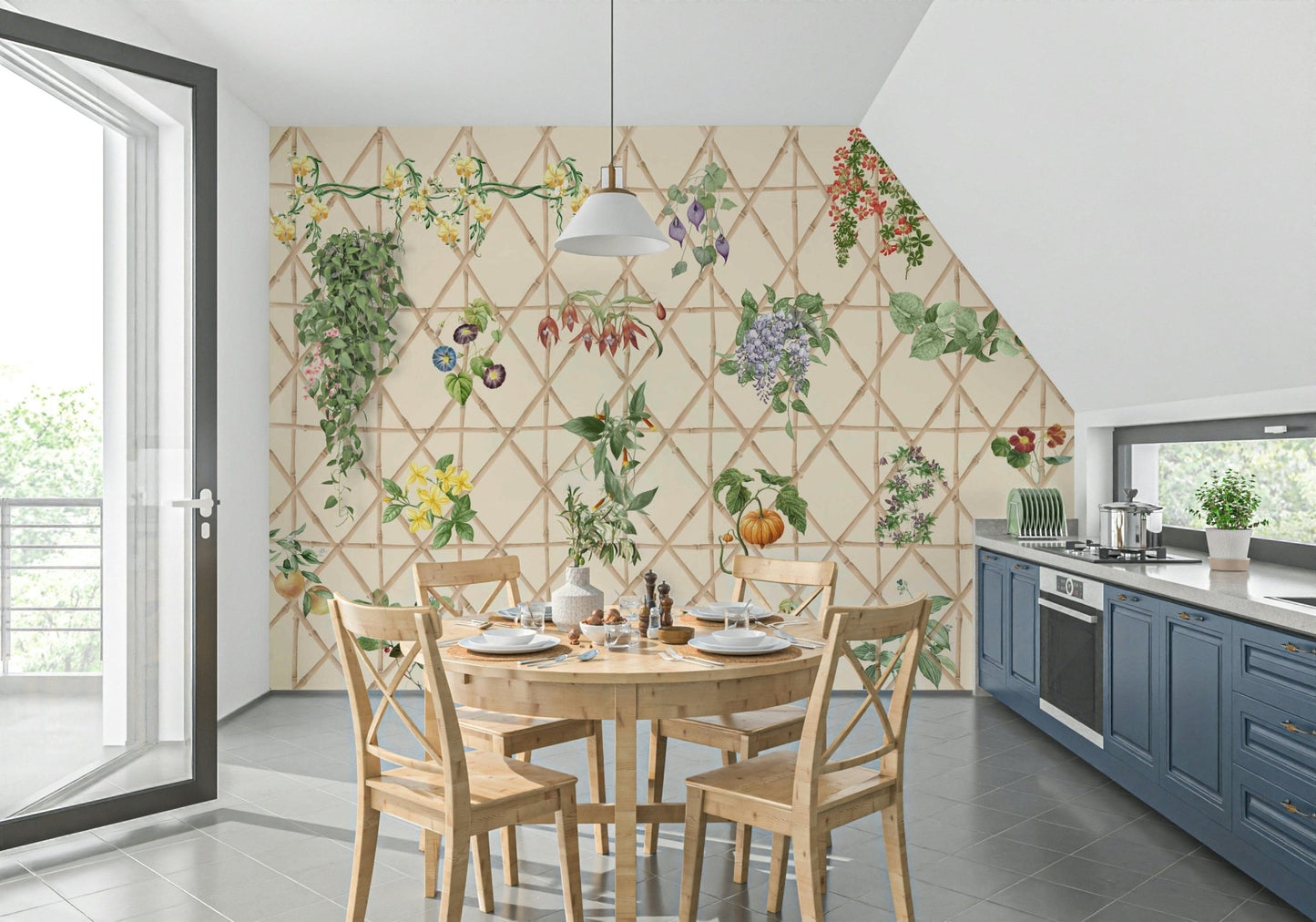 Home office chinoiserie wallpaper in soft colours full wall backdrop