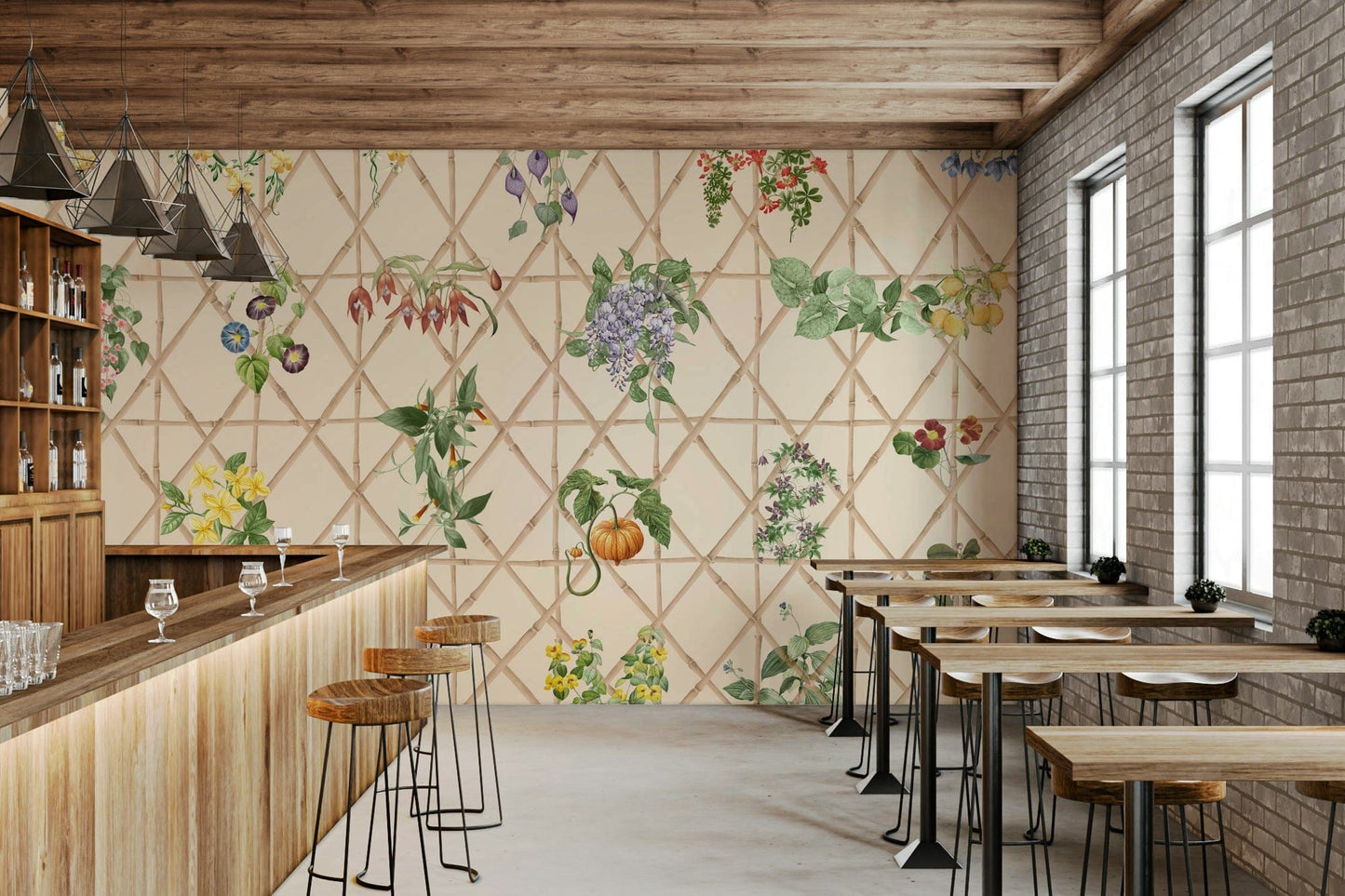 Living room accent wall with chinoiserie wallpaper and hand-painted look