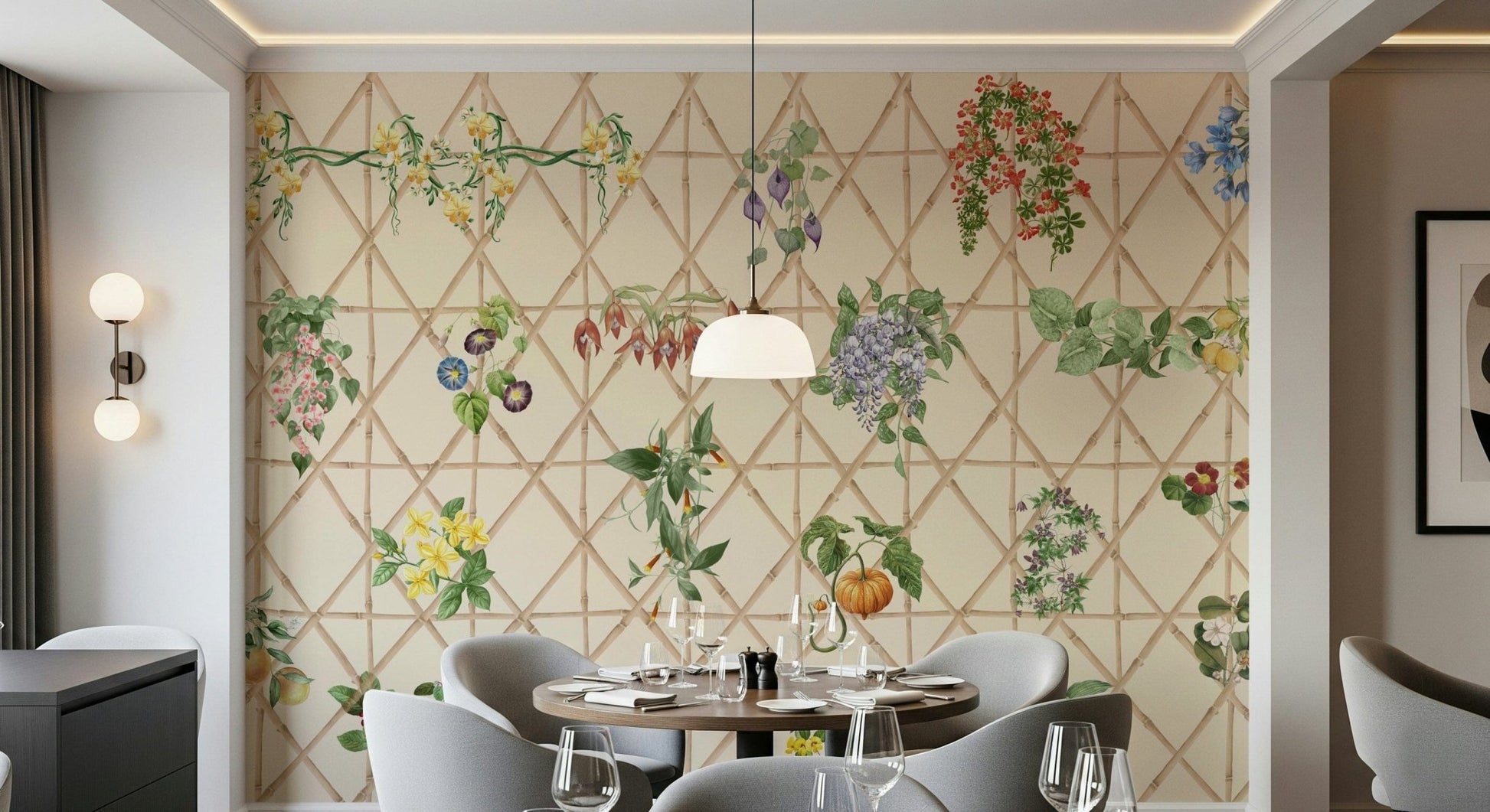 Bedroom chinoiserie wall mural with vintage garden scene feature wall