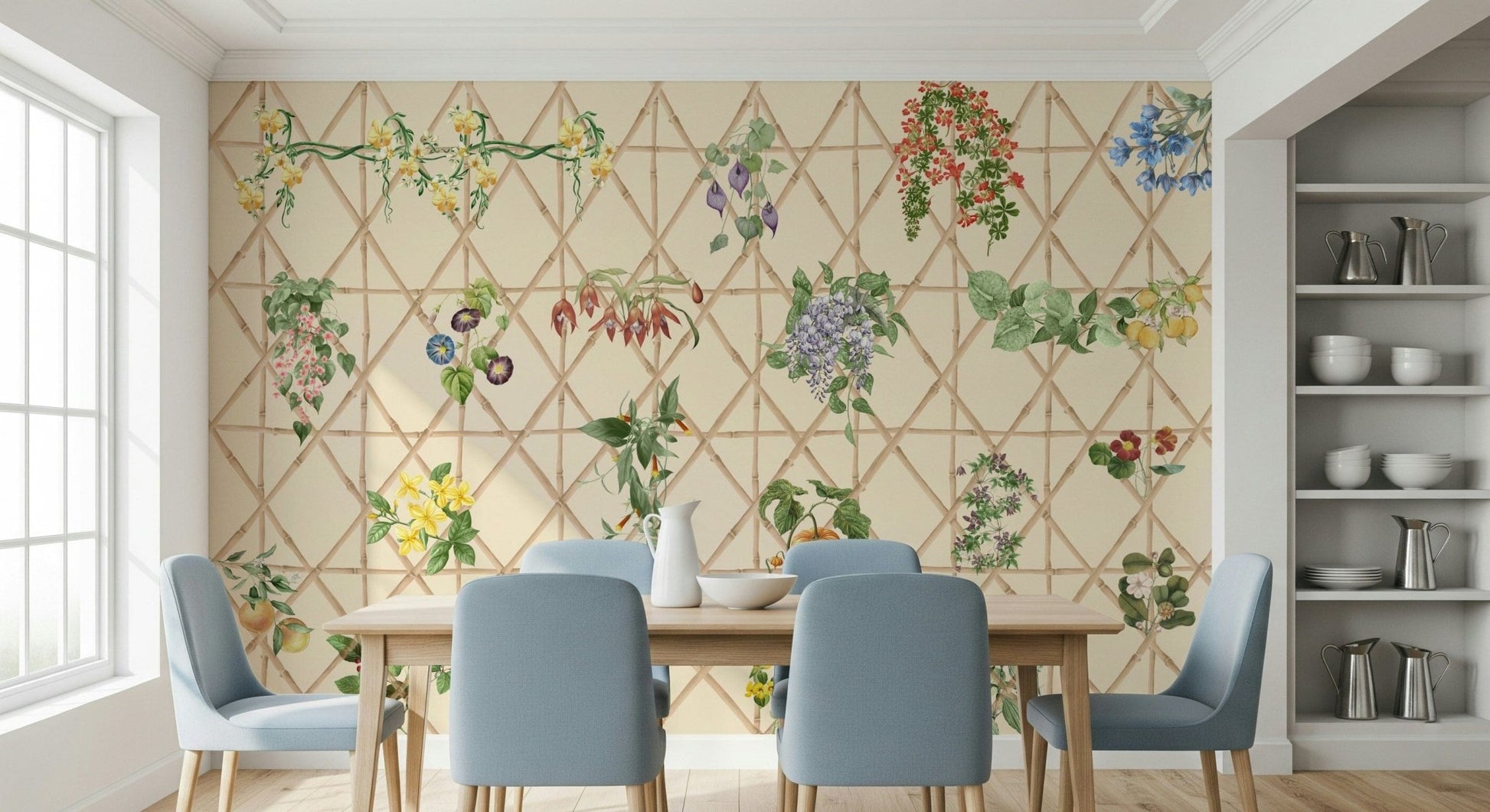Living room chinoiserie garden wallpaper with birds and flowers feature wall