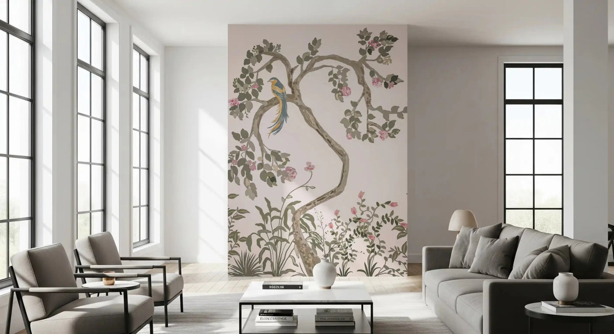 Chinoiserie Garden Bird Wall Mural in Soft Pink Tones