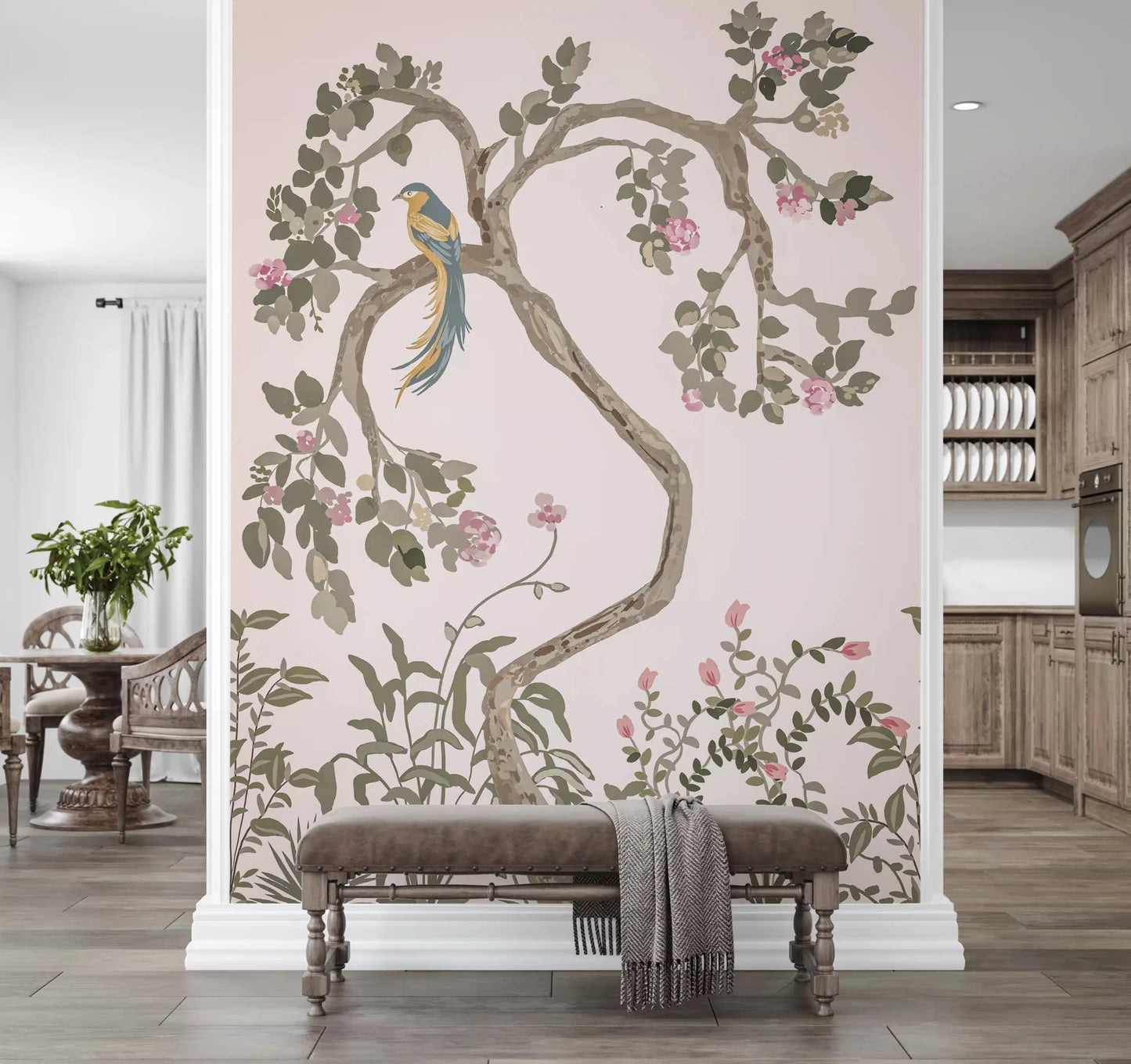 Lounge corner backed by the soft pink chinoiserie wall mural top to bottom
GD9497