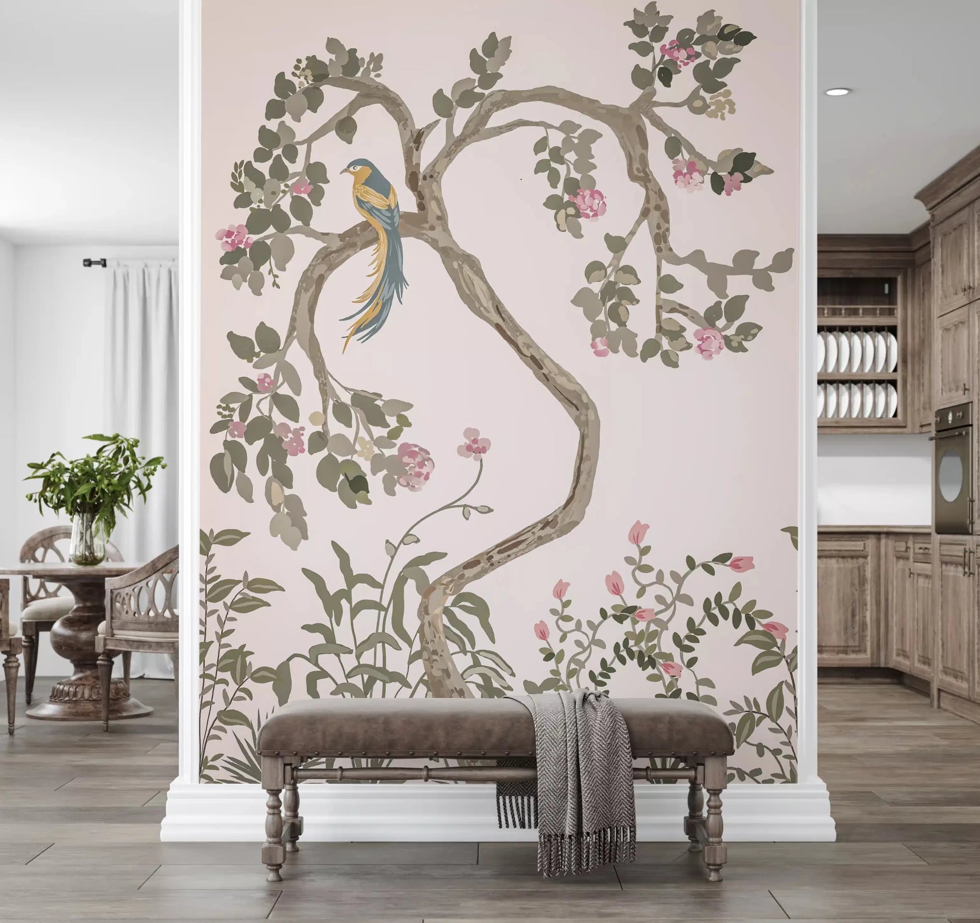 Lounge corner backed by the soft pink chinoiserie wall mural top to bottom
GD9497