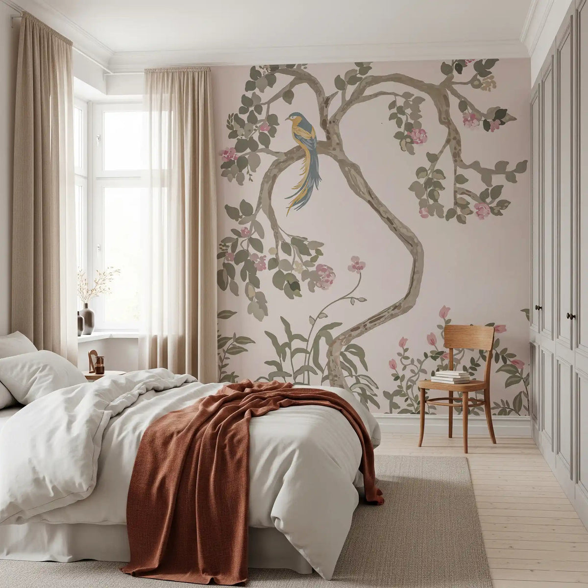 Chinoiserie Garden Bird Wall Mural in Soft Pink Tones