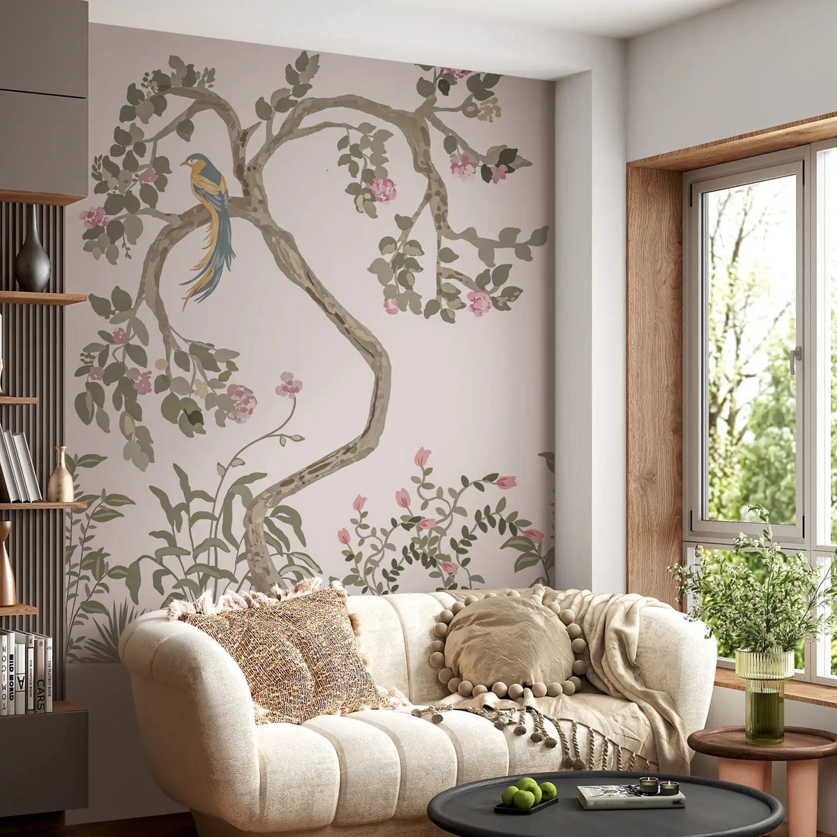 Chinoiserie Garden Bird Wall Mural in Soft Pink Tones
