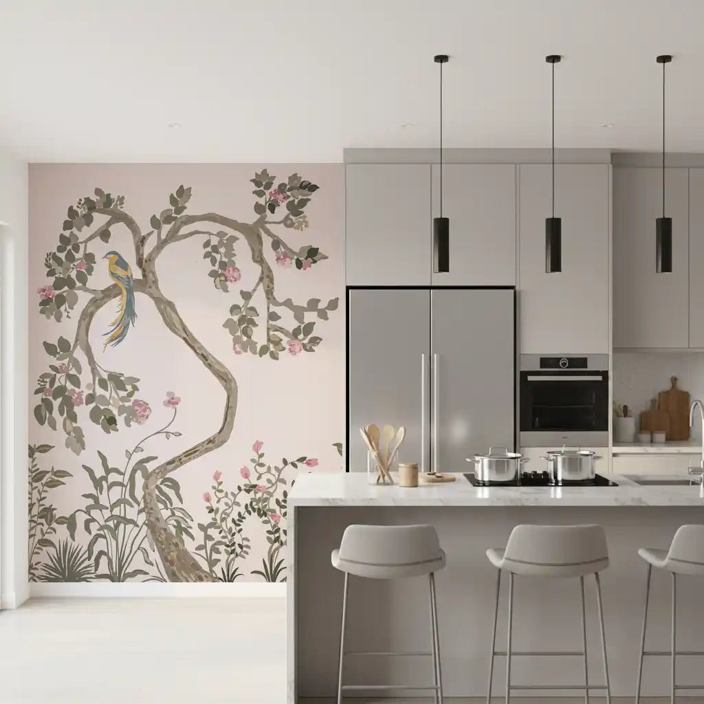 Chinoiserie Garden Bird Wall Mural in Soft Pink Tones