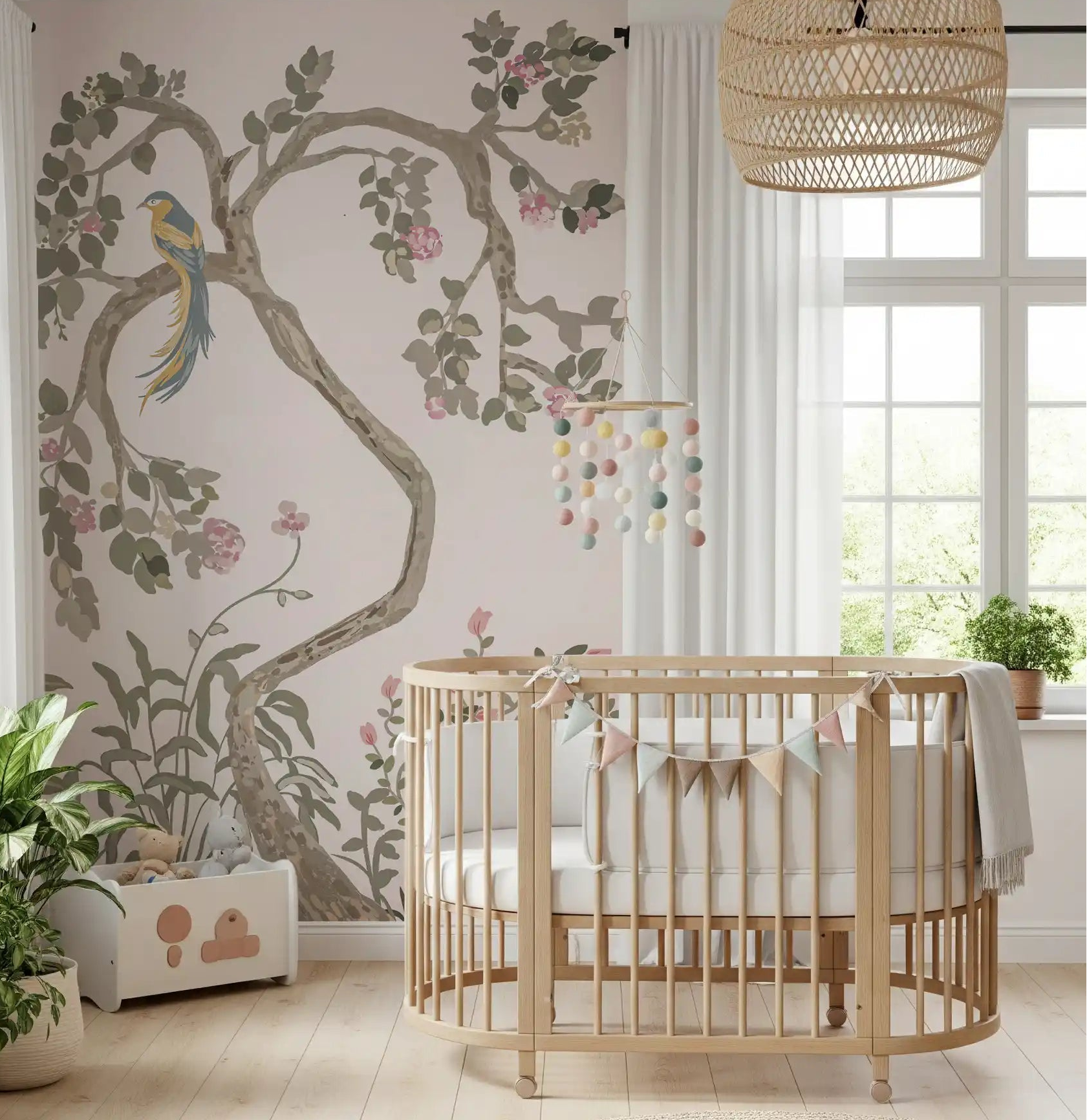 Nursery framed by the soft chinoiserie garden bird wall mural full heightGD9497