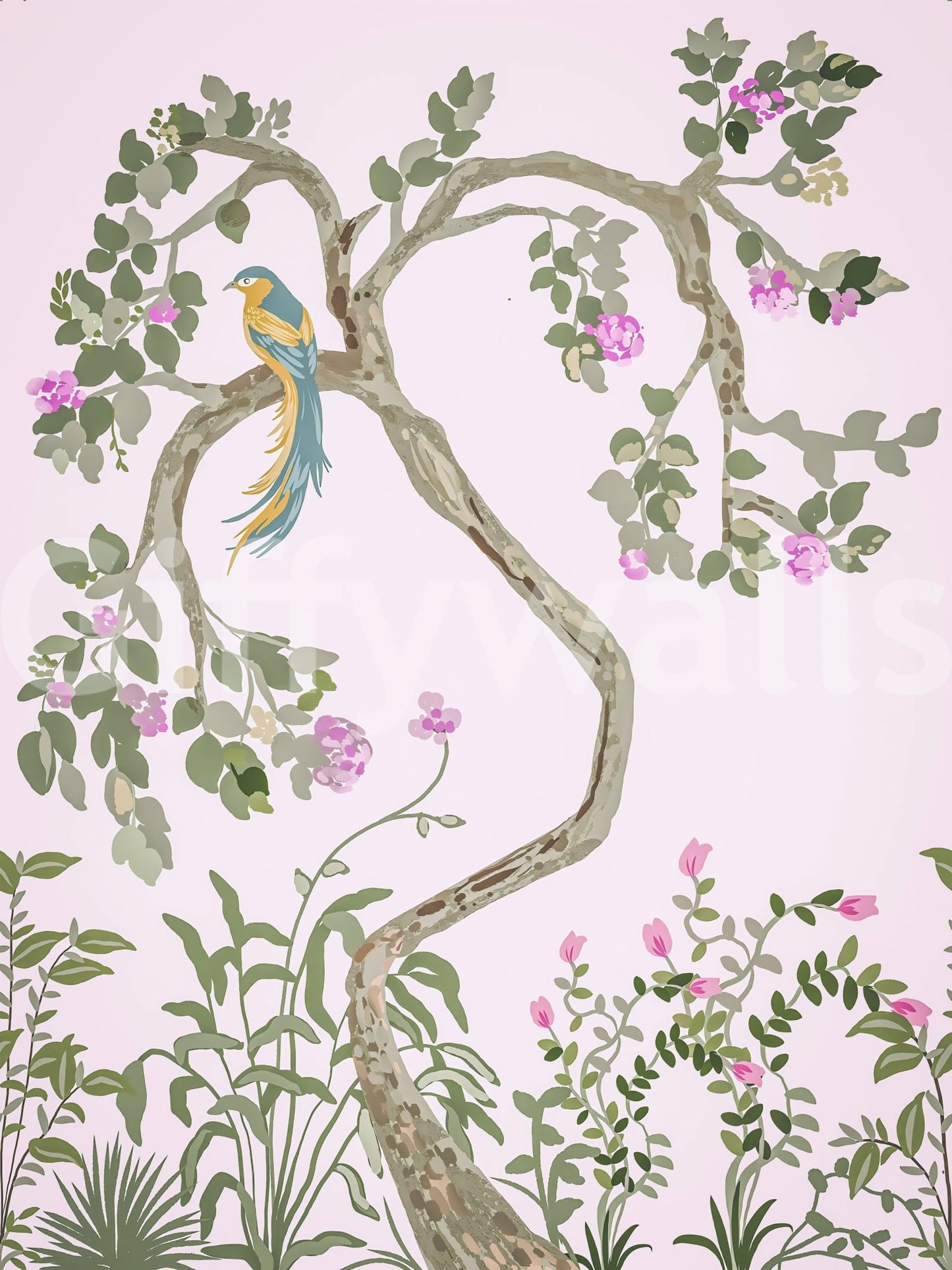 Ferns and rosebuds fill the garden floor across this chinoiserie wall muralGD9497