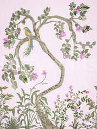 Ferns and rosebuds fill the garden floor across this chinoiserie wall muralGD9497