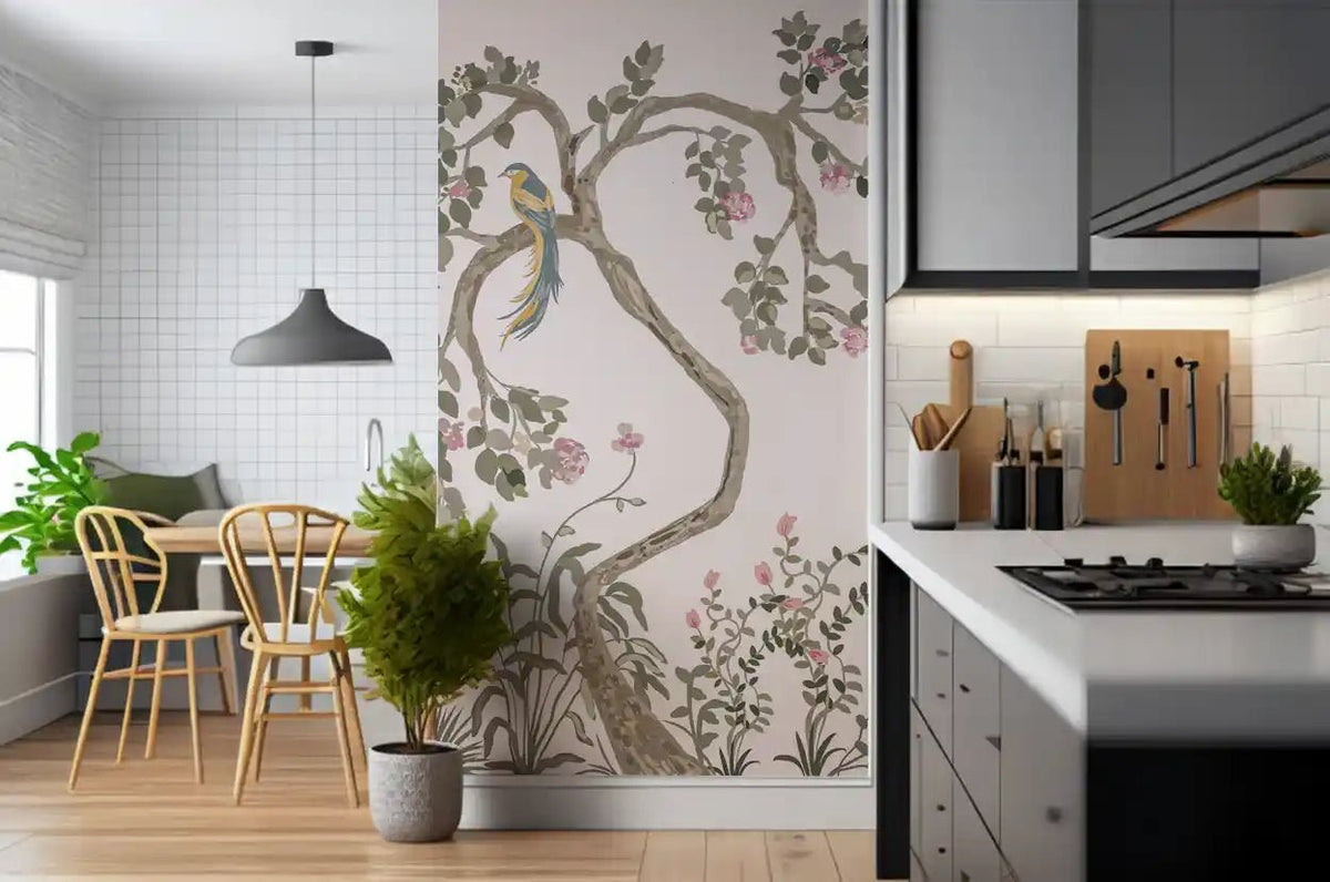 Chinoiserie Garden Bird Wall Mural in Soft Pink Tones