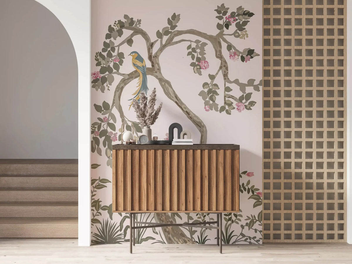 Chinoiserie Garden Bird Wall Mural in Soft Pink Tones
