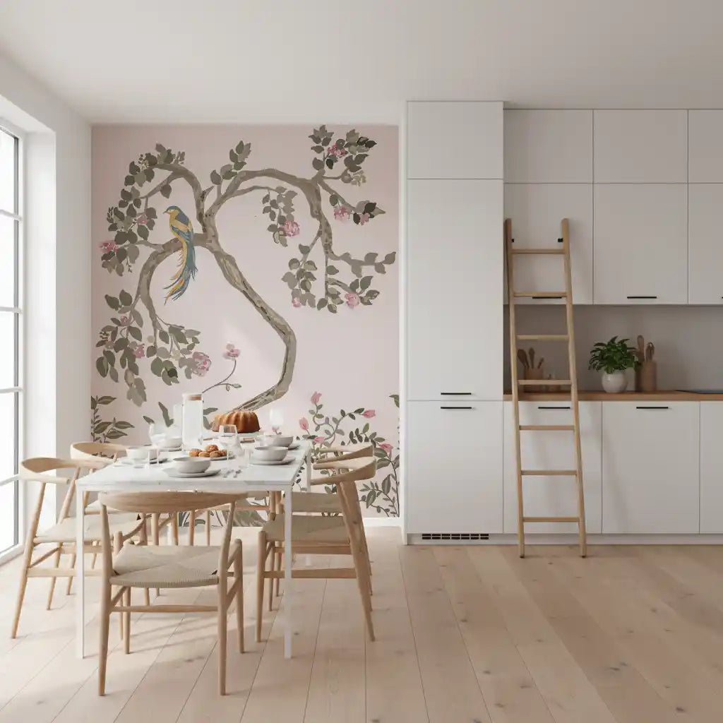 Dining room wears the Chinoiserie Garden wall mural in soft pink tones
GD9497