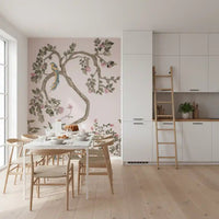 Dining room wears the Chinoiserie Garden wall mural in soft pink tones
GD9497