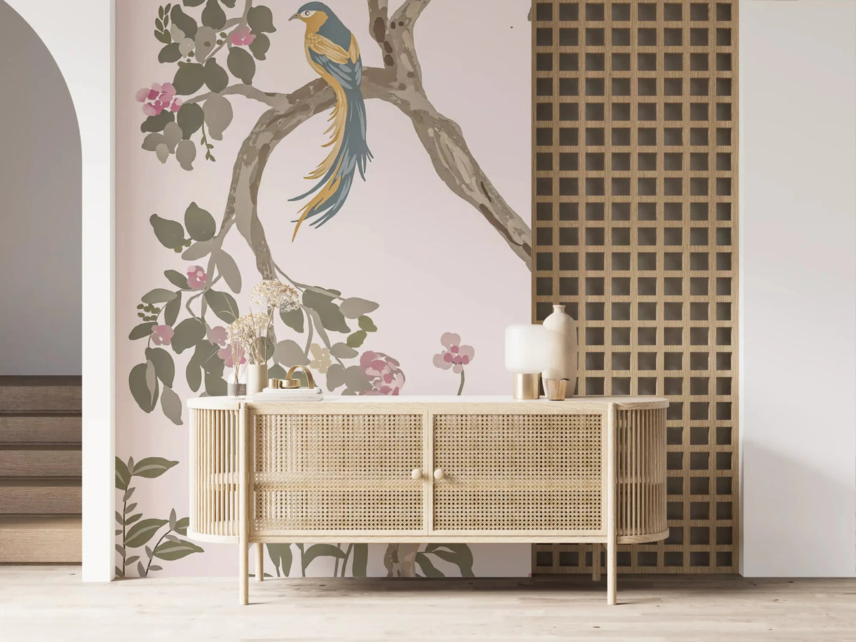Chinoiserie Garden Bird Wall Mural in Soft Pink Tones