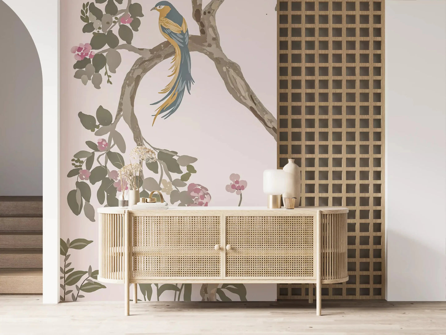Hallway lined with the Chinoiserie Garden Birds wall mural across one wall
GD9497