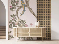 Hallway lined with the Chinoiserie Garden Birds wall mural across one wall
GD9497