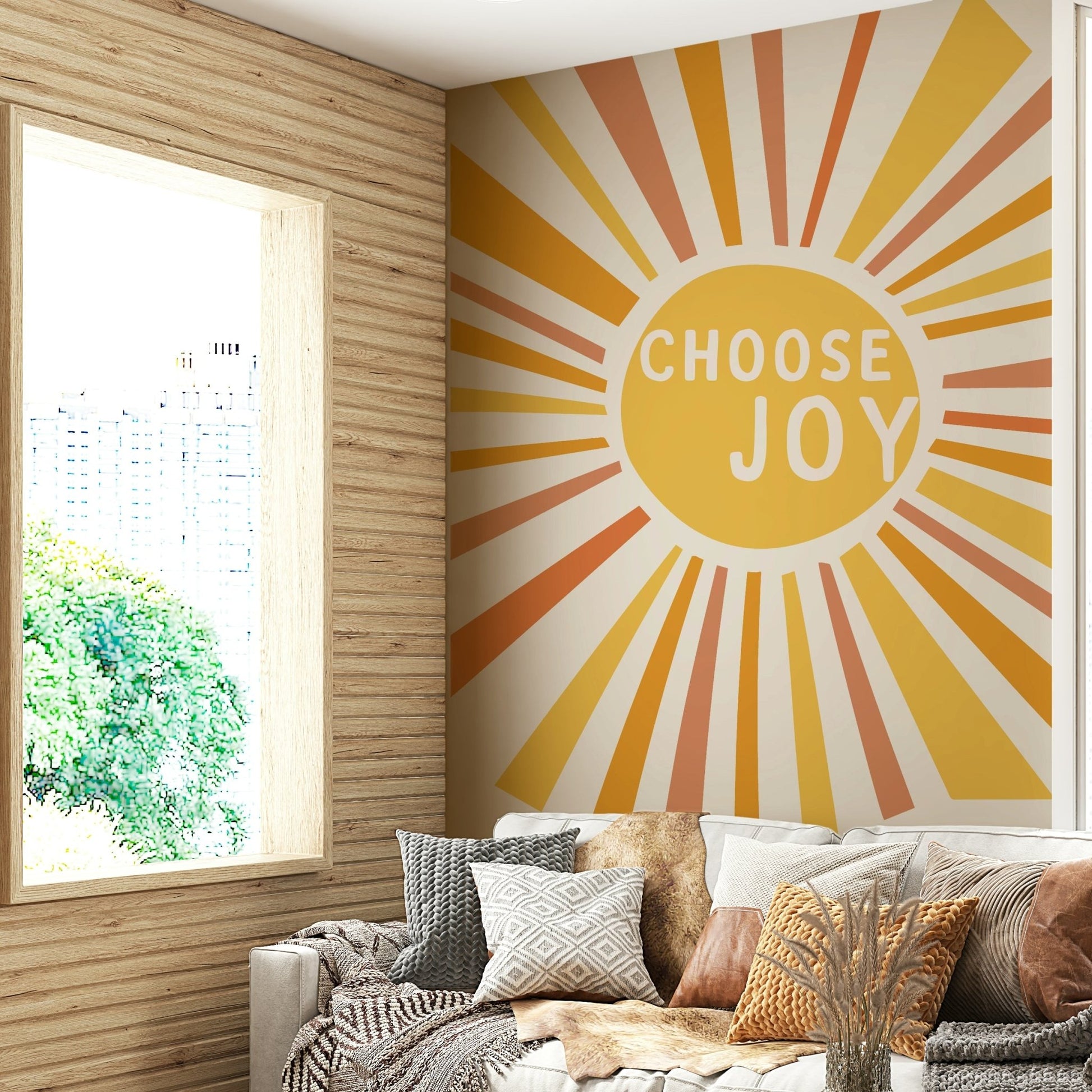 Inspirational Choose Joy wall mural with colorful design.

