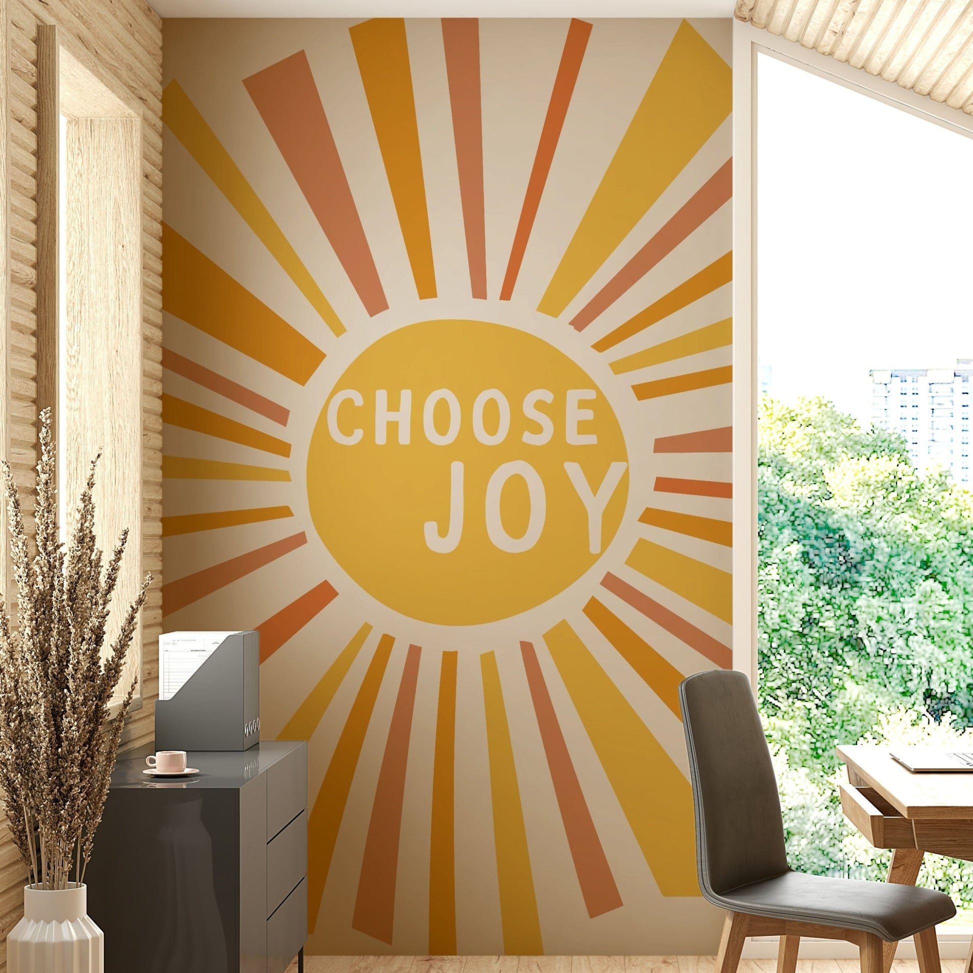 Bold "Choose Joy" wall mural for a positive home atmosphere.

