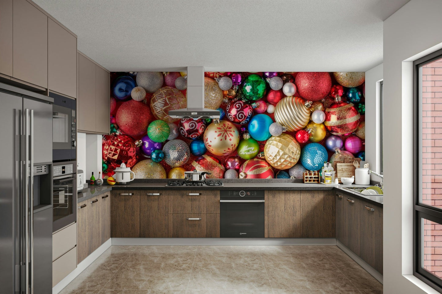 Red and gold baubles on wall mural

