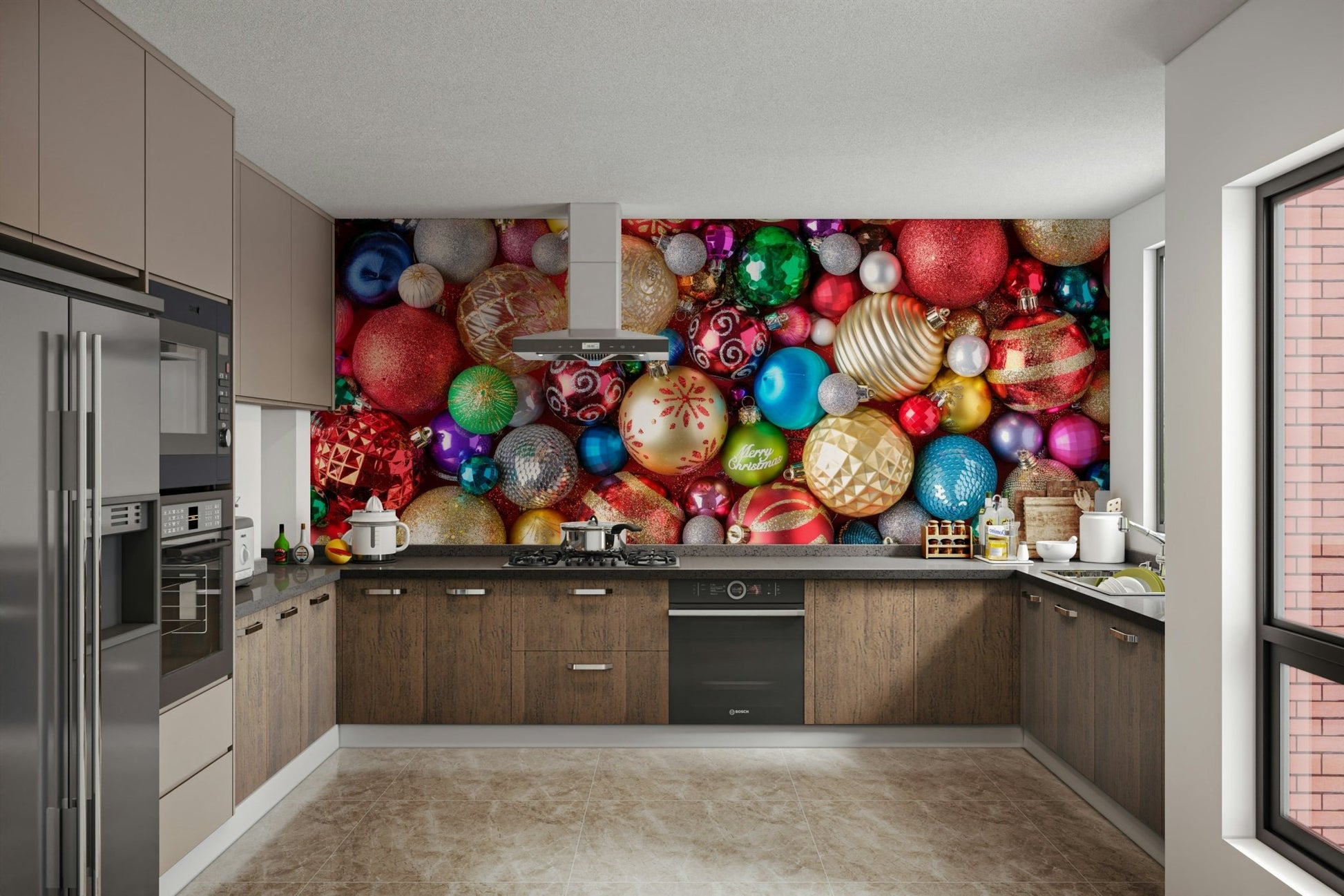 Red and gold baubles on wall mural

