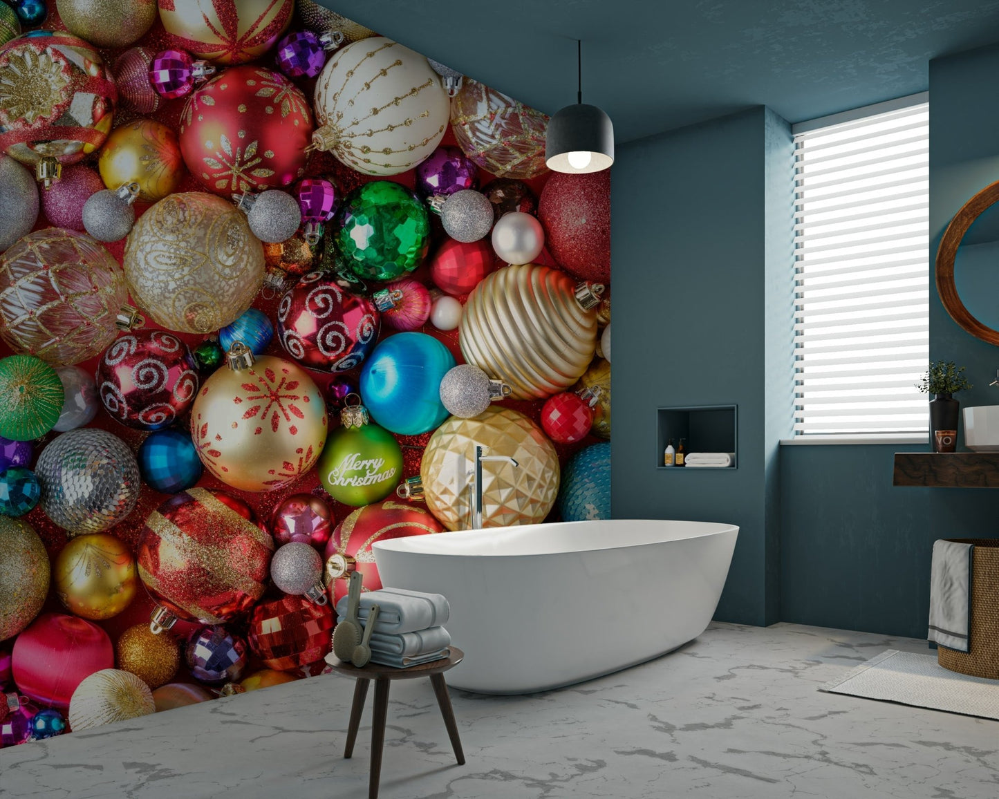 Mural featuring classic Christmas baubles

