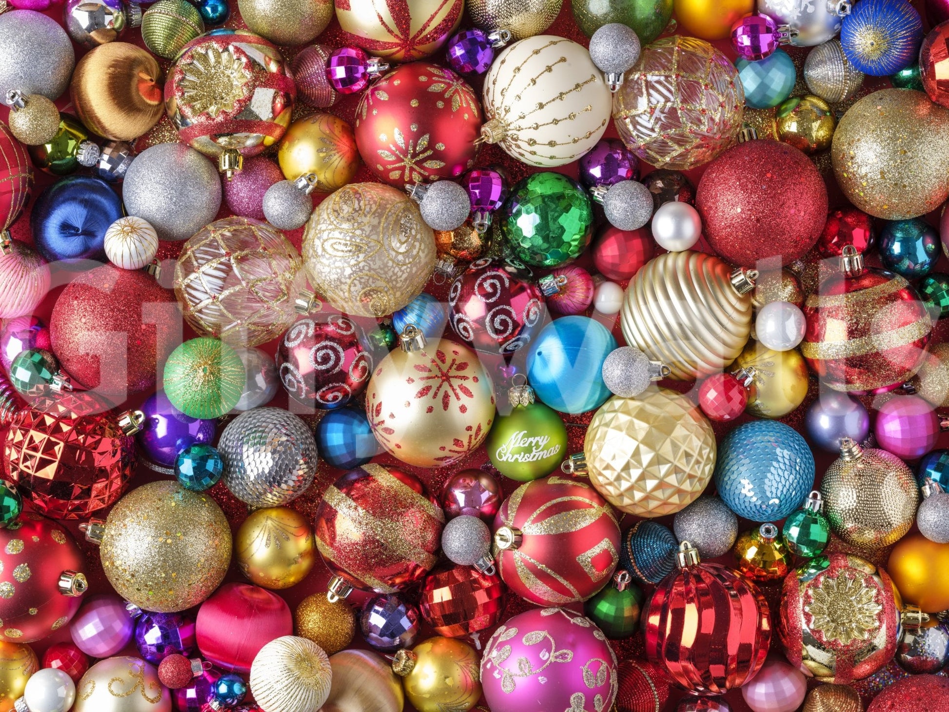 Holiday decor mural with hanging ornaments

