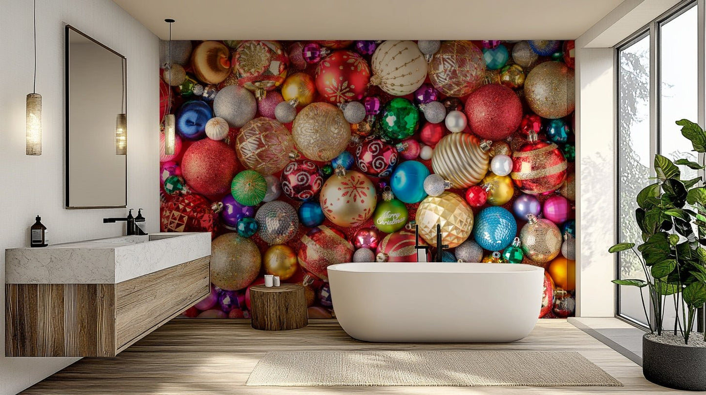 Festive mural with hanging Christmas baubles

